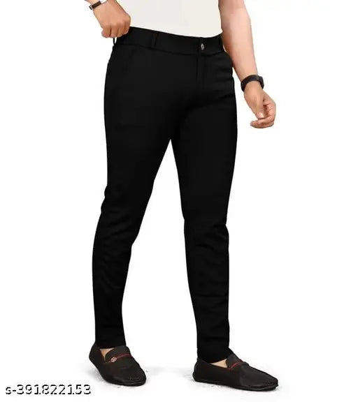 Black Solid Cotton Lycra Chino Pant for Men - versatile and sophisticated trousers with a tailored fit, perfect for formal events or professional settings. Sizes available: 28 (Waist Size: 28 in, Length Size: 37 in), 30 (Waist Size: 30 in, Length Size: 38 in), 32 (Waist Size: 32 in, Length Size: 39 in), 34 (Waist Size: 34 in, Length Size: 40 in). Made in India
