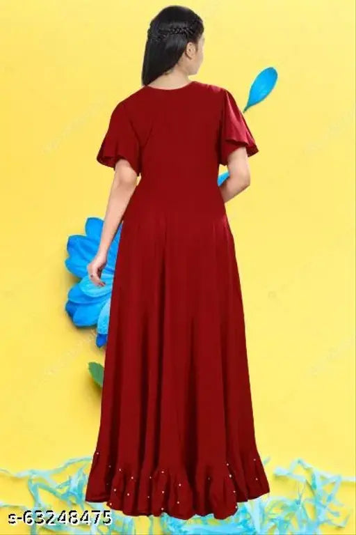 Maroon rayon dress for girls, solid pattern, short sleeves - KID JALAR India
