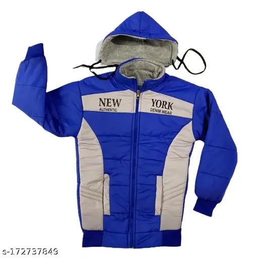 Blue, white, and grey kids boys hooded jacket with zipper closure