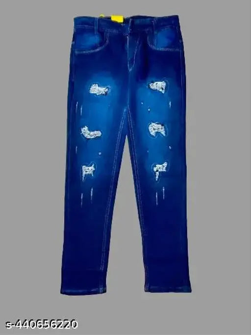 Distressed blue denim jeans with a white animal print design on the legs