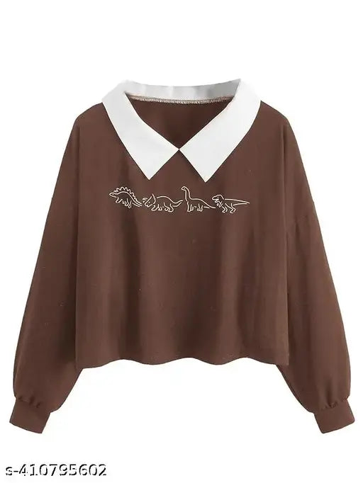 Women's Oversized Graphic Long Sleeve Collar Crop Tops Tee Shirts | Women Stylish Top and Tunic beautiful Collar design Korean Style T-shirt with Cool And Cute Design | New Korean Style polo collar Full sleeved T-shirt Latest Aesthetic Cool Graphic