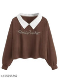 Women's Oversized Graphic Long Sleeve Collar Crop Tops Tee Shirts | Women Stylish Top and Tunic beautiful Collar design Korean Style T-shirt with Cool And Cute Design | New Korean Style polo collar Full sleeved T-shirt Latest Aesthetic Cool Graphic