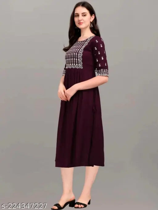 Women's long-length purple embroidered Rayon kurti with a V-neck
