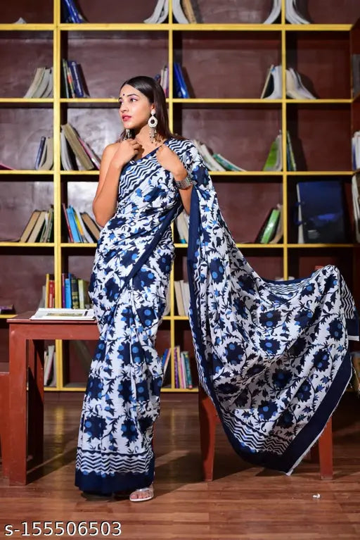 Hand-printed cotton Mulmul saree with unstitched blouse, featuring vibrant Indian motifs on Georgette fabric, ideal for parties and weddings