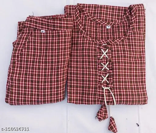 Red and white plaid woolen kurta with button-up front, set of two