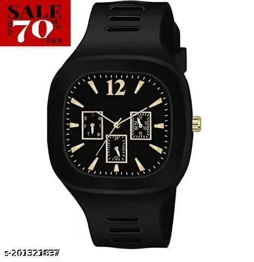 Black analog sport watch with multiple date functions, fashionable multi-square design, genuine leather band