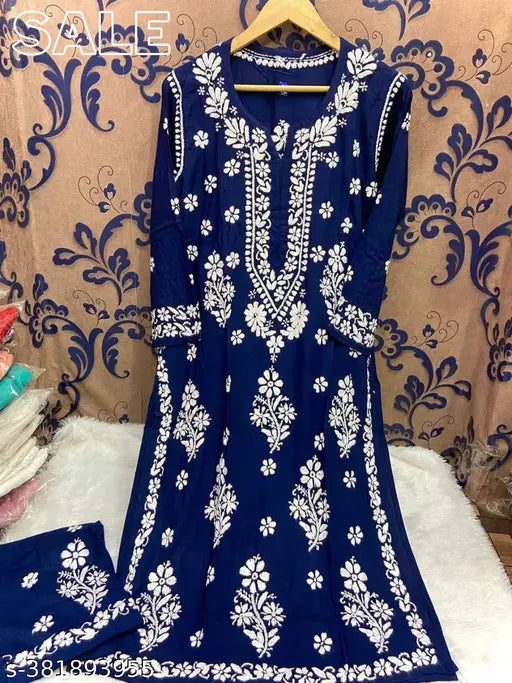 Chikankari embroidered rayon kurti and plazzo set, traditional Indian women's outfit with three-quarter sleeves