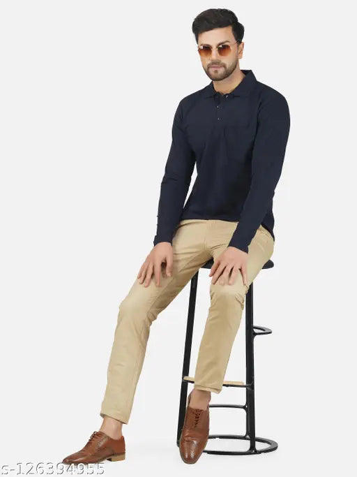 Navy Blue Full Sleeve Polo T-Shirt, 100% Super Combed Cotton, Made in India