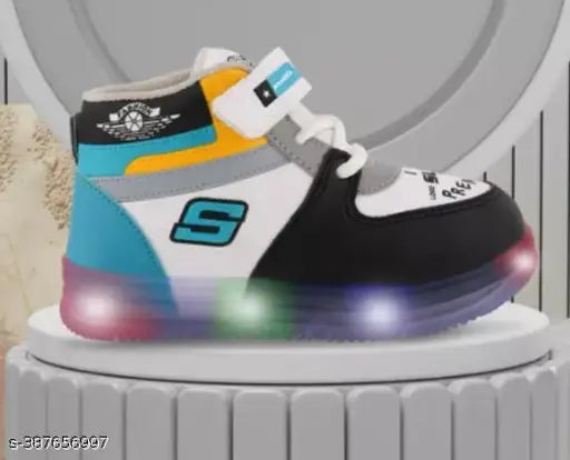 Black and white sneakers with glowing neon sole, casual style