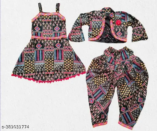 Traditional cotton blend kurta set (kurta, dhoti pant, shrug) for baby girls, printed A-line with three-quarter sleeves, summer festival wear