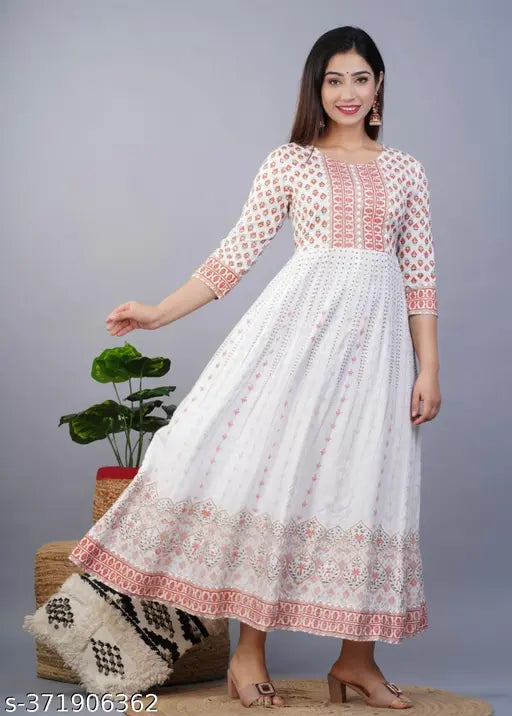 Rayon three-quarter sleeve printed anarkali kurta for women, vibrant Indian fashion
