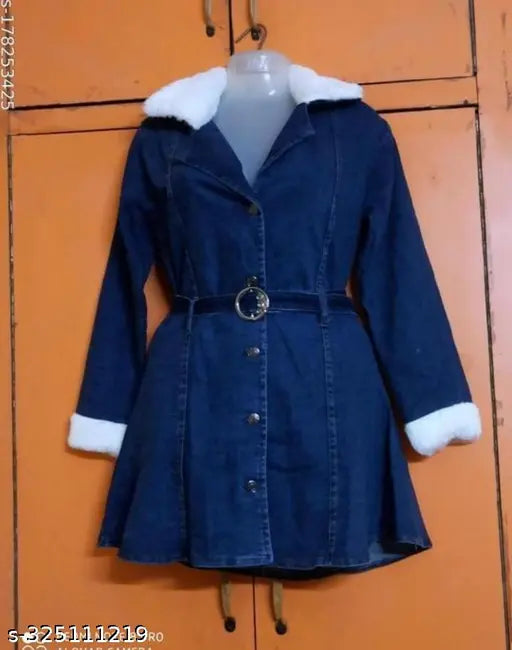 Solid-patterned, long-sleeved, women's furr denim coat. XS to M sizes available, Indian origin