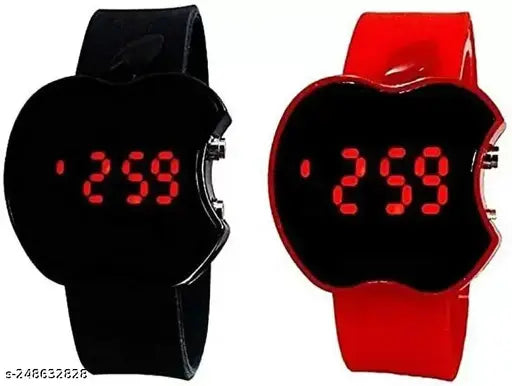 Three digital watches, black and red with numbers glowing, showcasing distinct designs
