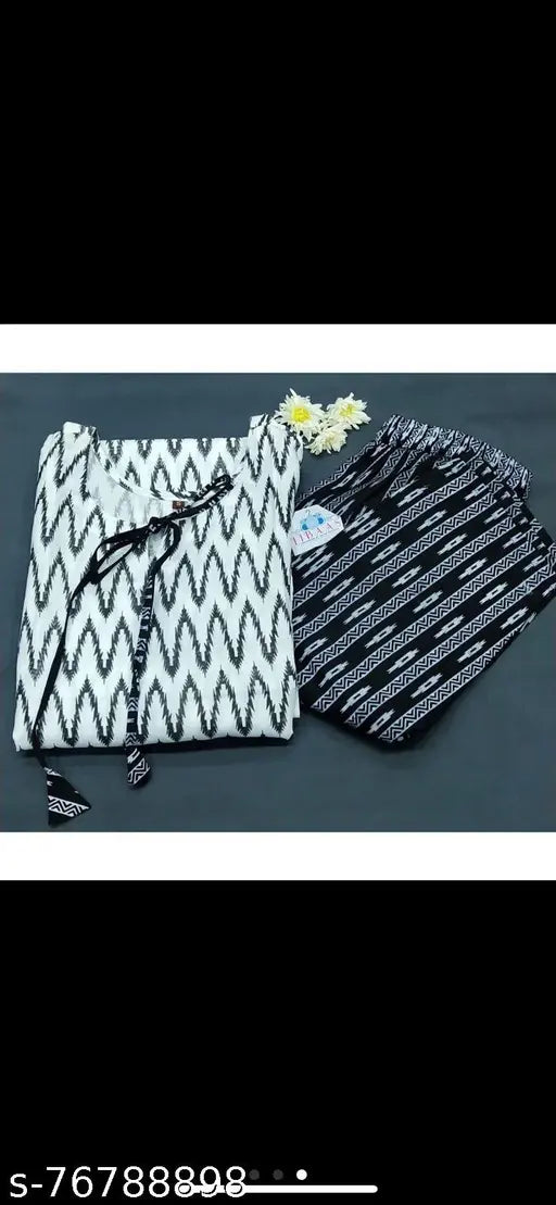 White and Black Stylish Rayon Kurta Pant Set, printed casual Indian fashion for modern women