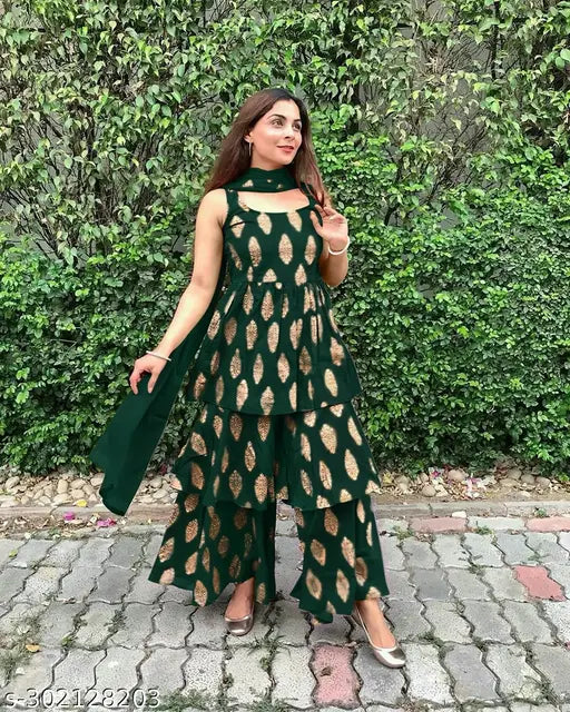 Green rayon fabric sharara kameez with net dupatta, long sleeves, elbow length
