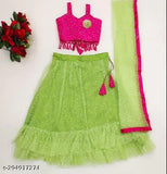 Fully stitched rubber lehenga choli and net dupatta set in various sizes, self-design with embellished stitching on net fabric, cotton inner lining. Indian traditional dress for girls aged 6 months to 10 years