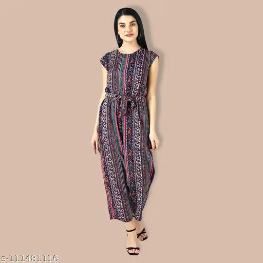 Printed net crepe sleeve jumpsuits for women and girls, suitable for various sizes including S, M, L, XL, and Free Size, showcasing stylish and affordable fashion from India