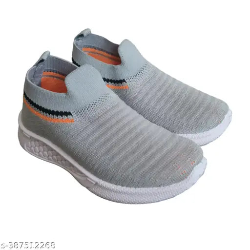 Gray knit sneakers with orange accents, casual style for kids