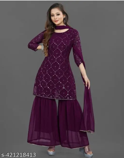 Designer embroidered Georgette front cut designer wear outfit with dupatta and sharara salwar, embellished three-quarter sleeves, women's clothing India, size S-XXL