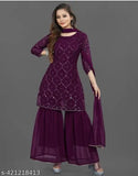 Designer embroidered Georgette front cut designer wear outfit with dupatta and sharara salwar, embellished three-quarter sleeves, women's clothing India, size S-XXL