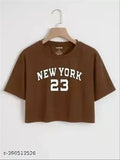 Brown printed typography round neck poly cotton t-shirt for women, short sleeves on display