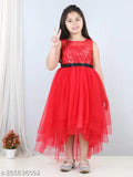 Red embellished net sleeveless hi-low girl's party dress with toy balloon pattern, for ages 1-12 years, India origin