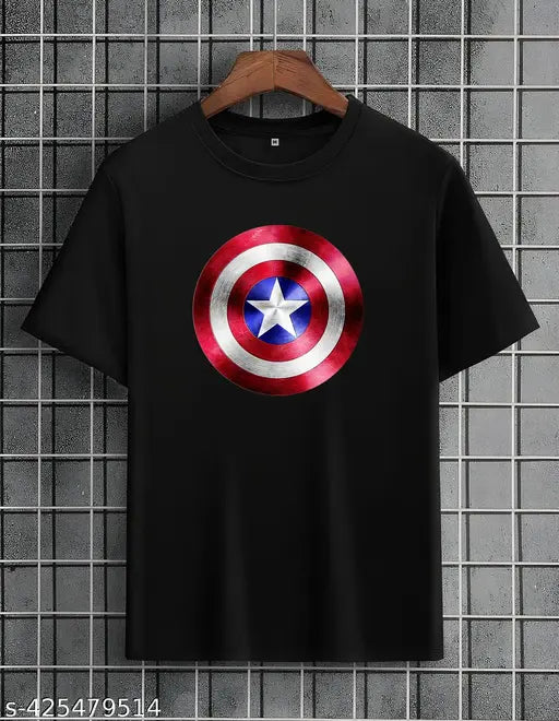 Black cotton blend round neck Captain America Marvel T-shirt, printed with the iconic Avengers character, ideal for casual wear, S/M/L/XL sizes available