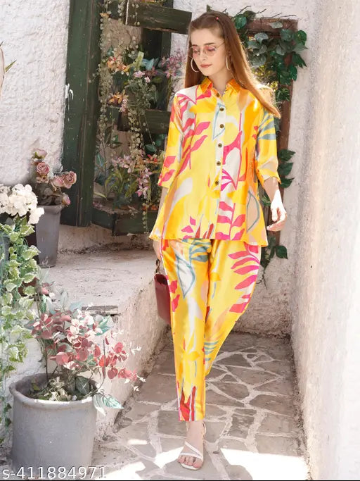 Light mustard premium satin lounge wear coord set for women, digital printed heavy satin with full inner