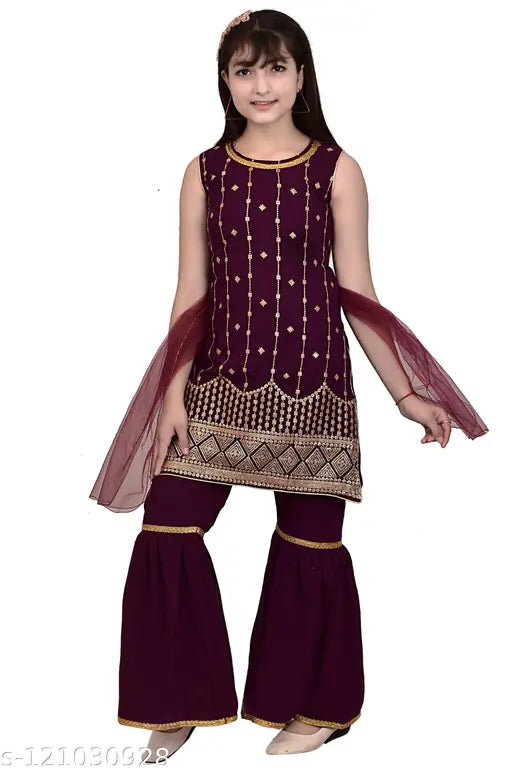 Purple Georgette Sharara set for girls, embellished net, sleeveless party wear