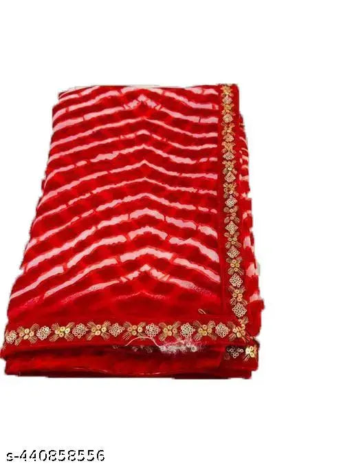 Multicolor Leheriya Georgette ready-to-wear saree with tassels and latkans, Indian chiffon fabric on model