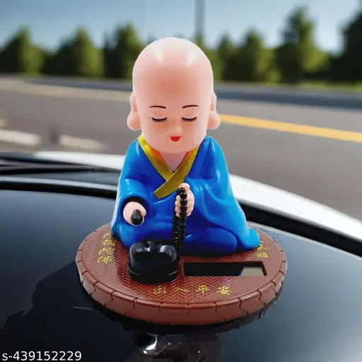 Solar powered, blue round base Gautam Buddha statue - eco-friendly, hand-sitting design for home & office
