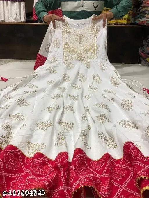 White rayon embroidered Anarkali Kurti with three-quarter sleeves, suitable for girls' festive wear. [White embroidered Anarkali kurti for girls], country of origin: India (M: Bust 38in, Len 50in | L: Bust 40in, Len 50in | XL: Bust 42in, Len 50in | XXL: Bust 44in, Len 50in | XXXL, 4XL)