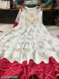 White rayon embroidered Anarkali Kurti with three-quarter sleeves, suitable for girls' festive wear. [White embroidered Anarkali kurti for girls], country of origin: India (M: Bust 38in, Len 50in | L: Bust 40in, Len 50in | XL: Bust 42in, Len 50in | XXL: Bust 44in, Len 50in | XXXL, 4XL)
