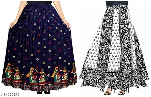 Elegant women ethnic skirts in navy, white and black with a floral pattern on a dress form