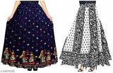 Elegant women ethnic skirts in navy, white and black with a floral pattern on a dress form