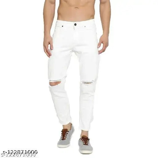 Men's white denim slim fit jeans, machine washable, mid-rise with two front and back pockets. Solid pattern, stretchable for comfort, suitable for casual or partywear. Adult size options: 28", 30", 32". Made in India
