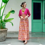 Rayon long printed Anarkali kurti, trendy ethnic wear party gown for women