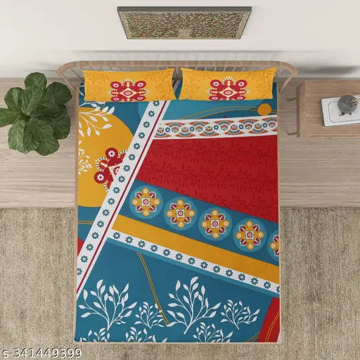 Multi-colored abstract motif printed 100% cotton flat sheet for summer, ideal for adults. Two pillow covers included." (96 characters)