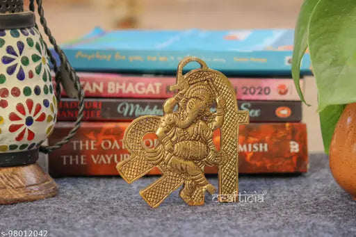 Gold oxidized metal Dancing Ganesha idol on Shree frame, 4x5 inch wall hanging statue for puja and home decor