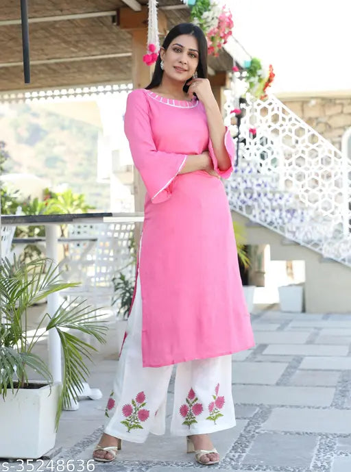 Rayon Aakarsha refined women's kurta palazzo set, solid-colored three-quarter sleeve style from India