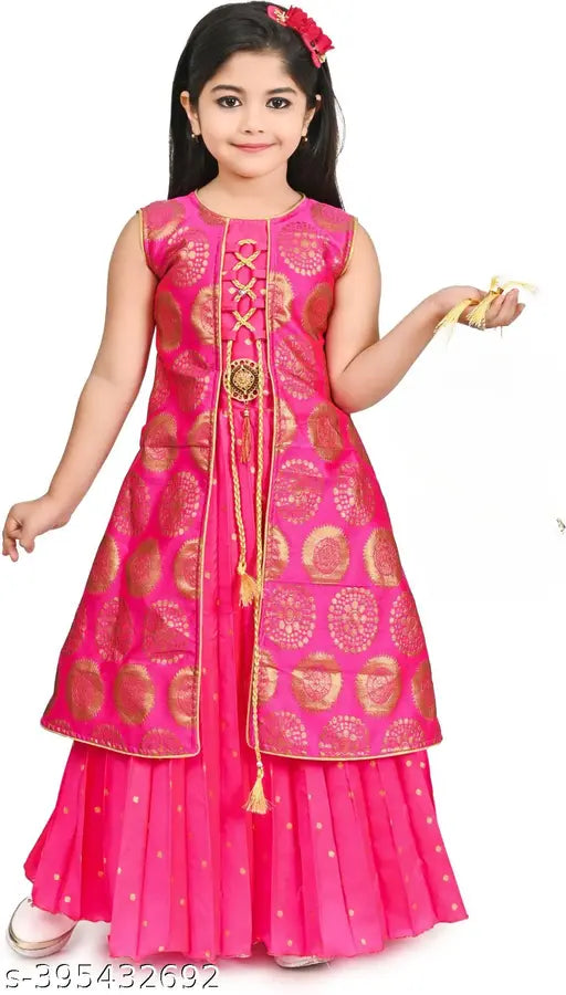 Silk sleeveless printed net kids gown, vibrant design for 0-3 Months to 7-8 Years