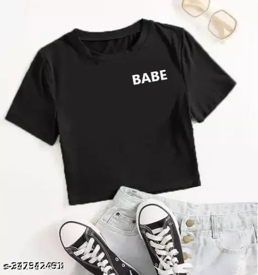 Cotton blend printed women's crop top t-shirt with short sleeves, vibrant design on Indian-made apparel