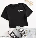 Cotton blend printed women's crop top t-shirt with short sleeves, vibrant design on Indian-made apparel