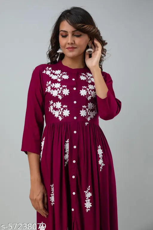 Embroidered rayon women's kurti by Janaknandini, three-quarter sleeves, various sizes available