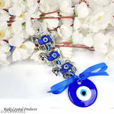 Blue Silver Aluminium Glass Evil Eye Feng Shui Decor, pack of 2 for good luck and prosperity office hanging or car decor, 16.5 cm length