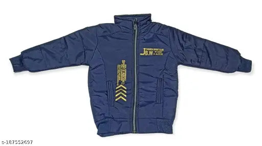 A navy jacket with a gold badge on the front