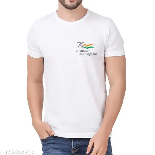 Orange unisex dry-fit t-shirt (130gsm), printed with Azadi Ka Amrit Mahotsav design, made in India