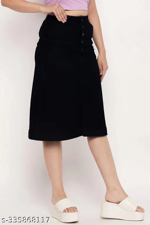 Black denim skirt with front pocket and button closure
