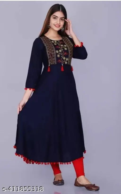 Blue rayon kameez dress with embroidery, long sleeve, knee length