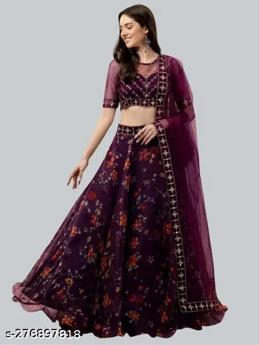 Embroidered floral net lehenga set for women, semi-stitched (40in/42in/2.1in), origin India